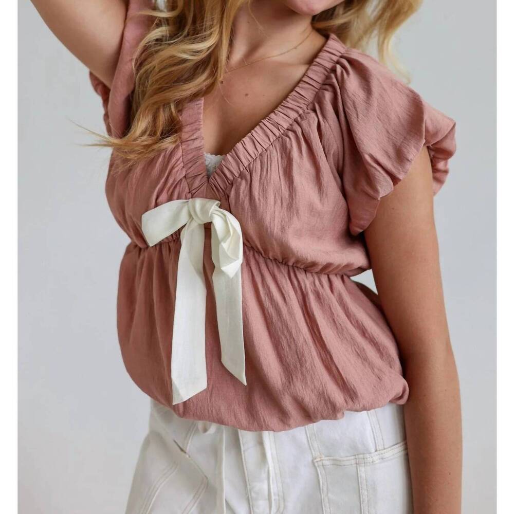 NEW IN FEBRUARY tie-front blouse with bubble sleeves in rosa